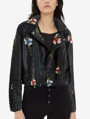 Astr Black Vegan Leather Floral Embroidered Moto Jacket